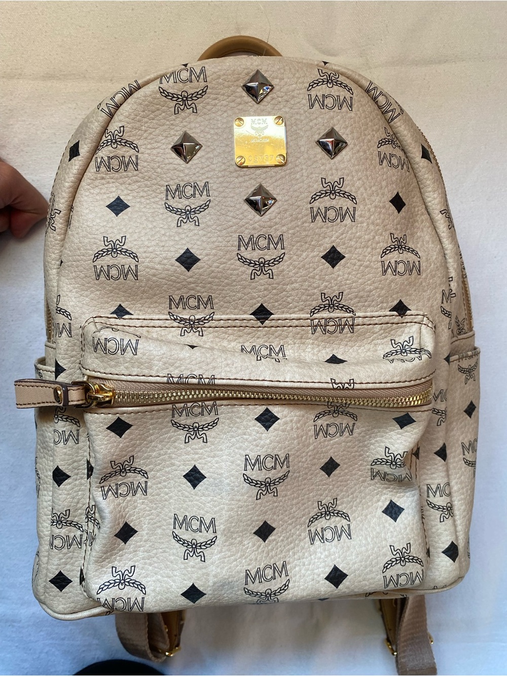 MCM Beige Visetos Logo Mini Backpack with Gold Hardware (Limited Edition)